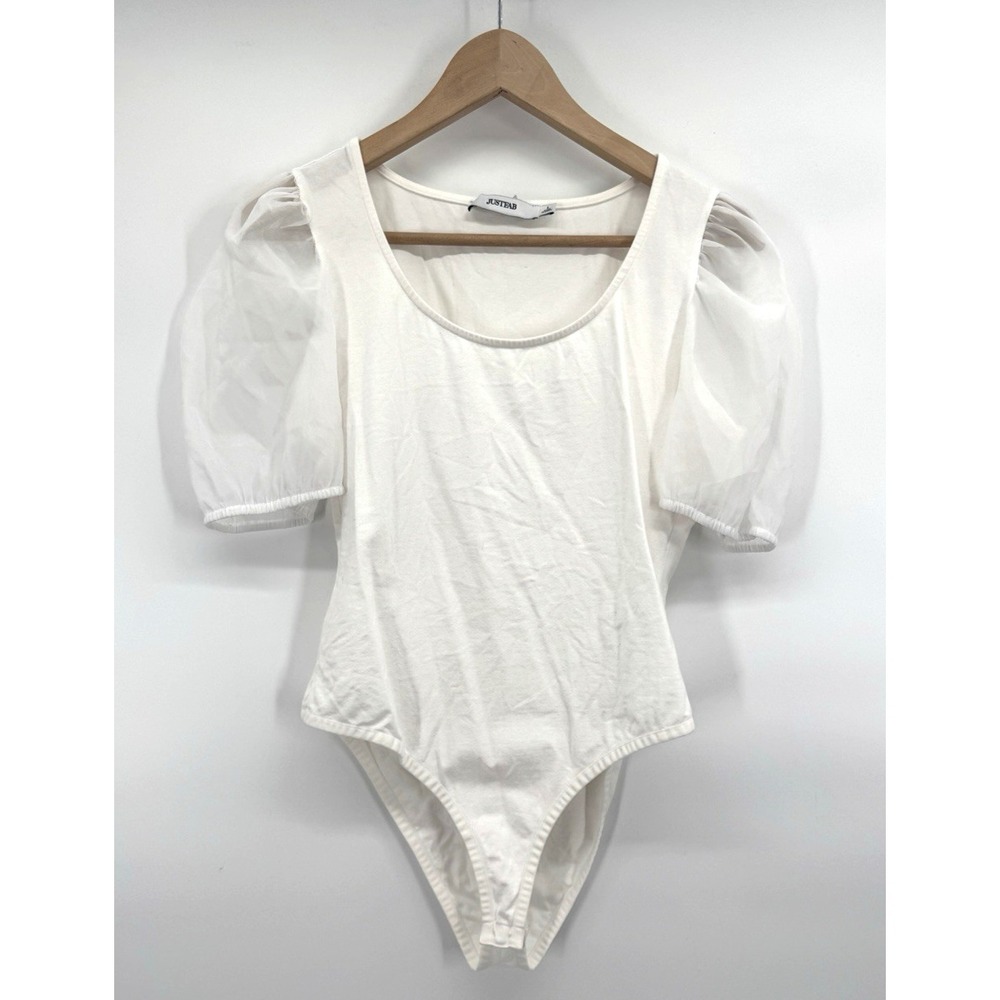 Womens Large Bodysuit White Sheer Puff Sleeve Cottagecore Coquette Balletcore